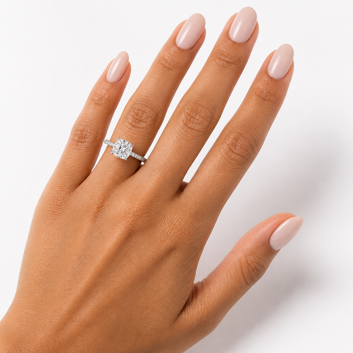 Cushion Three Row Pave Ring With Pave Prongs