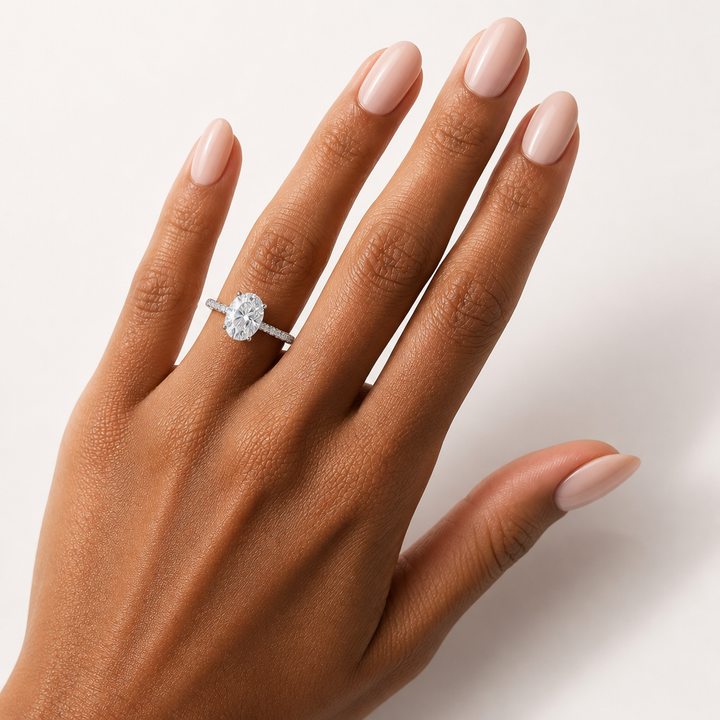 Oval Hidden Halo with Three Row Pave Band