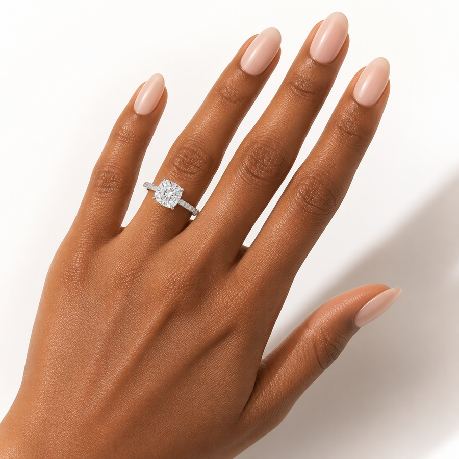 Cushion Three Row Pave Cathedral Ring With Diamond Basket