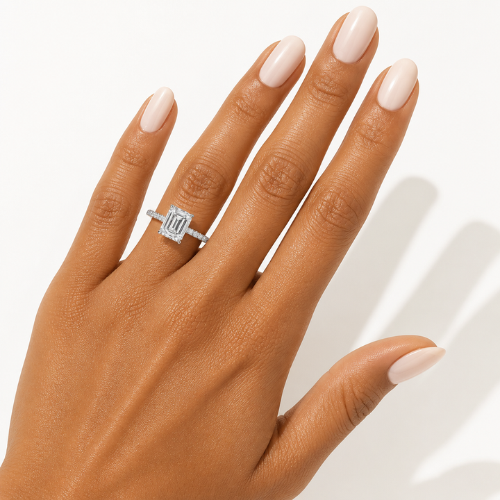 Emerald Three Row Pave Cathedral Ring With Diamond Basket