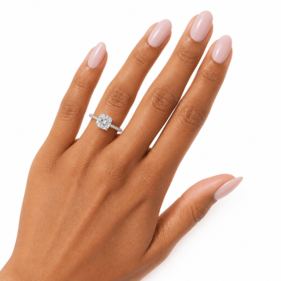 Cushion Diamond Basket With Three Row Pave Ring
