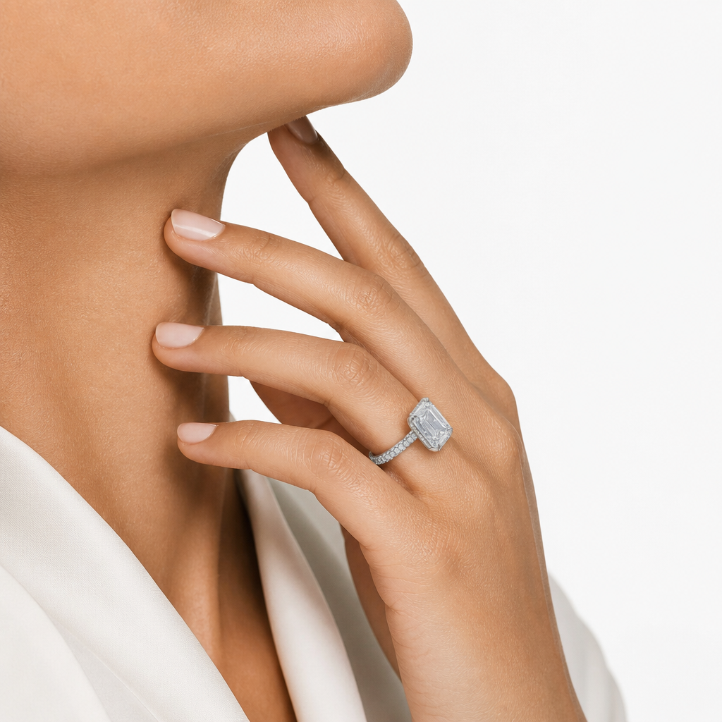 Emerald Hidden Halo with Three Row Pave Band