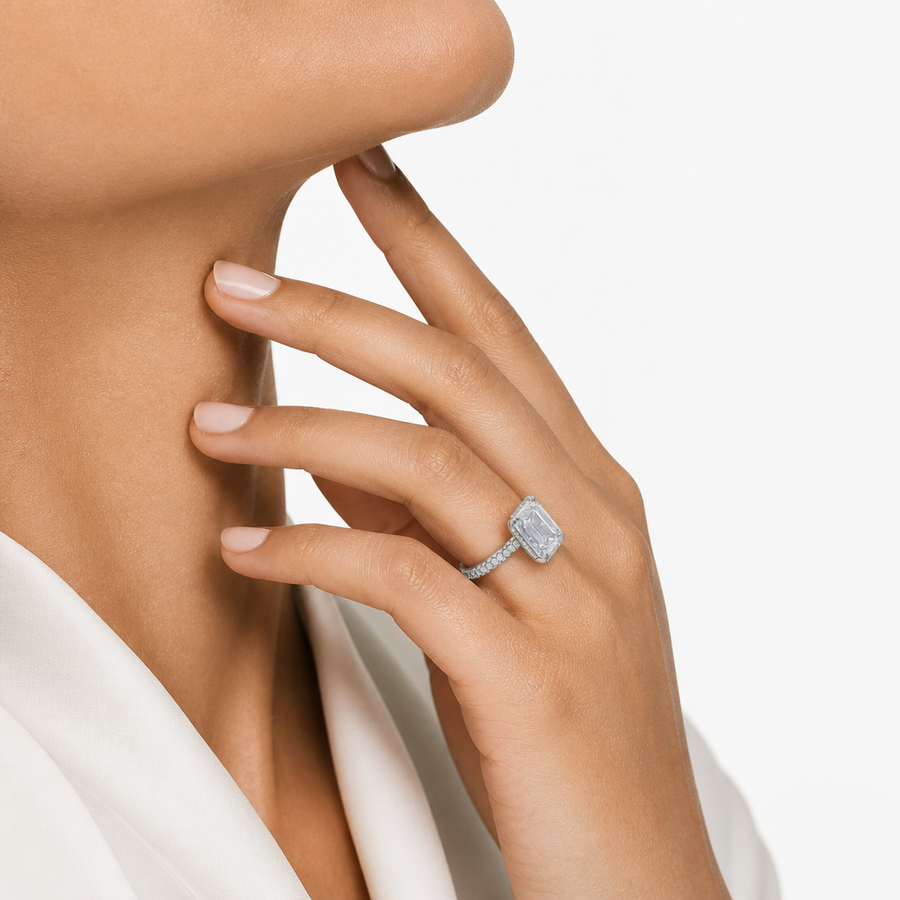 Emerald Hidden Halo with Three Row Pave Band