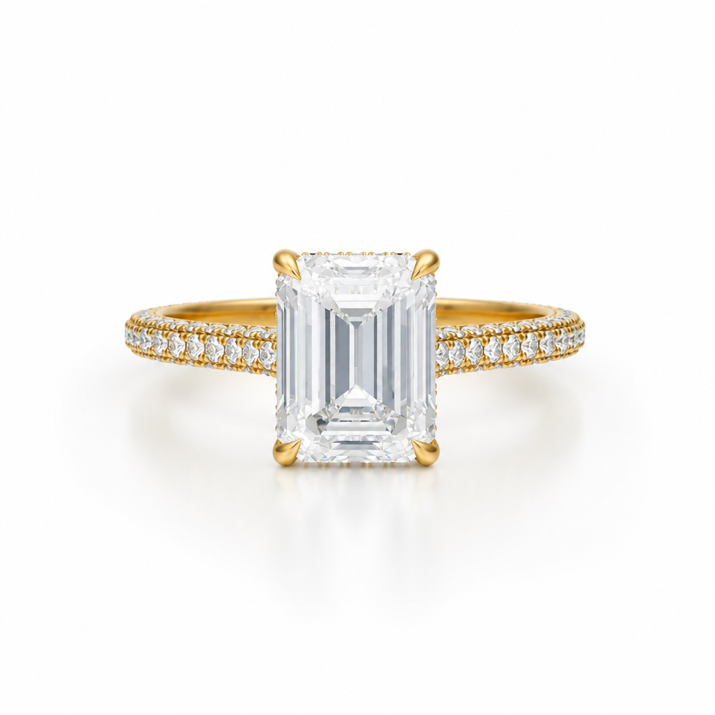 Emerald Three Row Pave Cathedral Ring With Diamond Basket