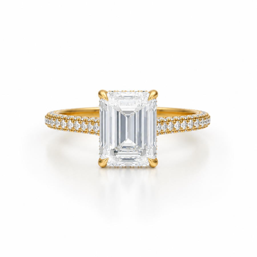 Emerald Three Row Pave Cathedral Ring With Diamond Basket