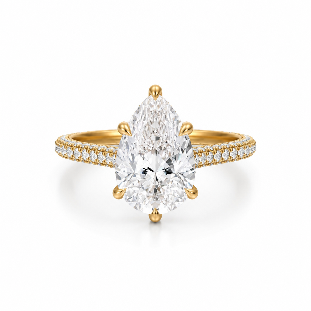 Pear Three Row Pave Cathedral Ring With Diamond Basket
