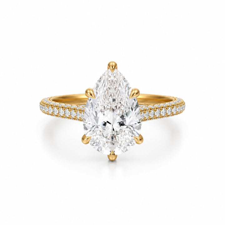 Pear Three Row Pave Cathedral Ring With Diamond Basket