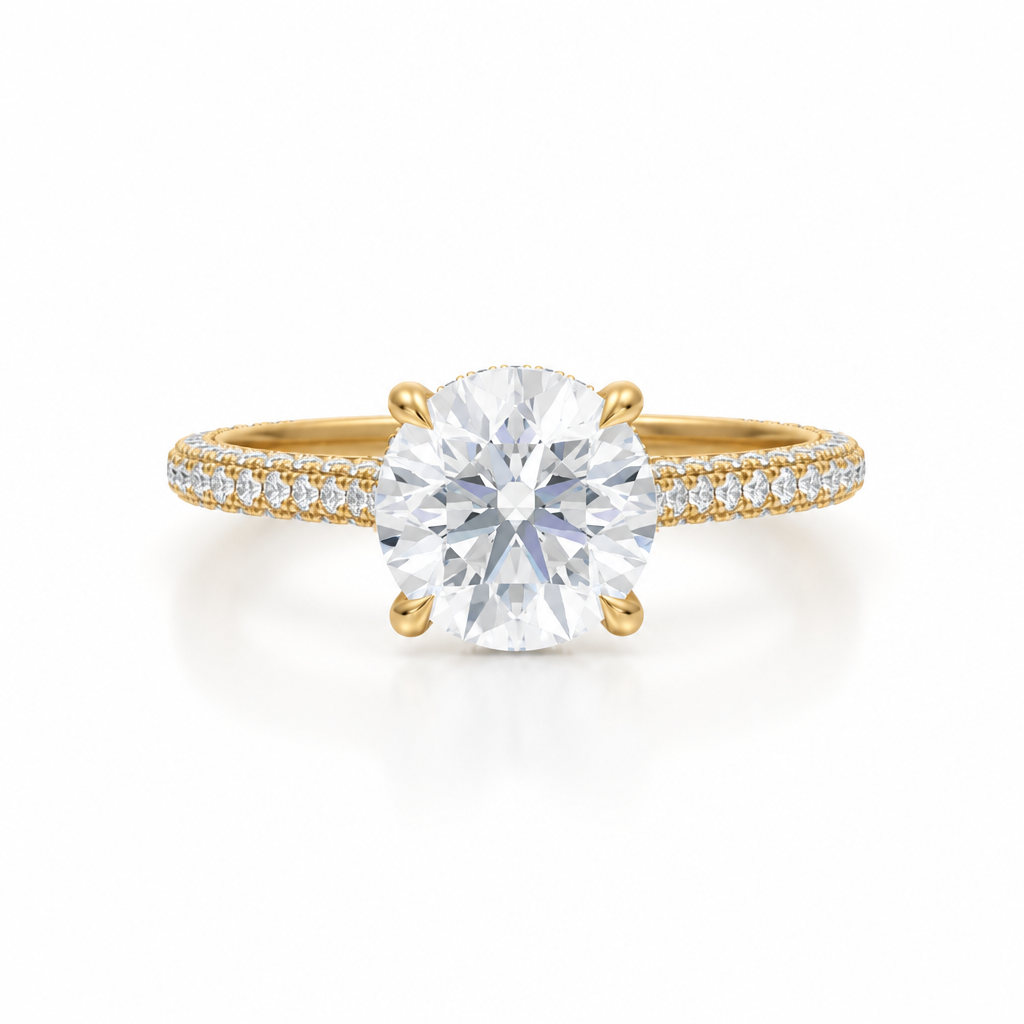 Round Three Row Pave Cathedral Ring With Diamond Basket