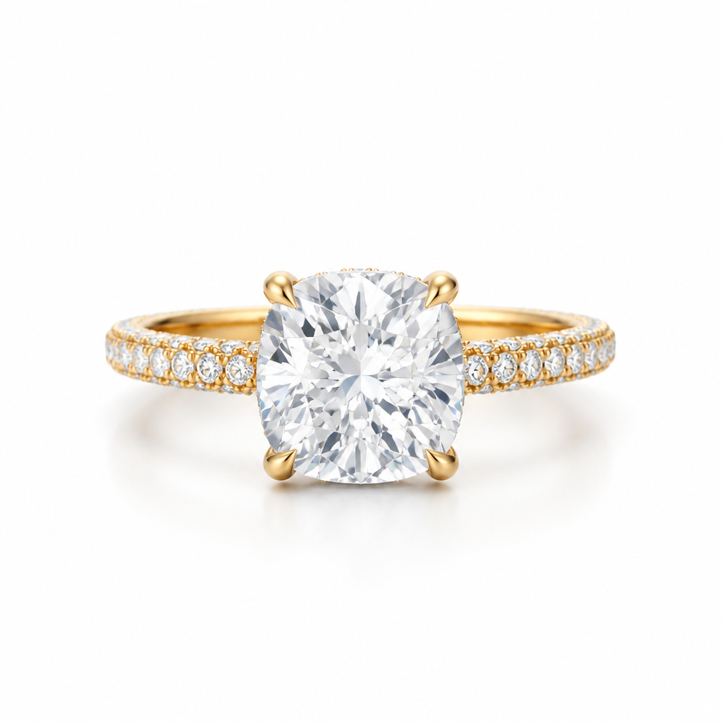 Cushion Diamond Basket With Three Row Pave Ring