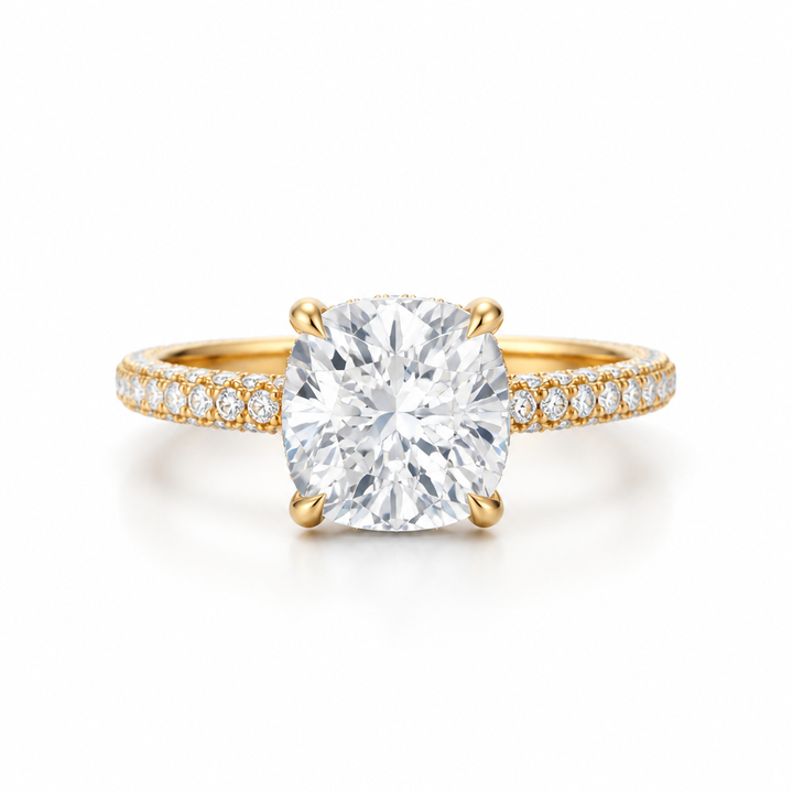 Cushion Diamond Basket With Three Row Pave Ring