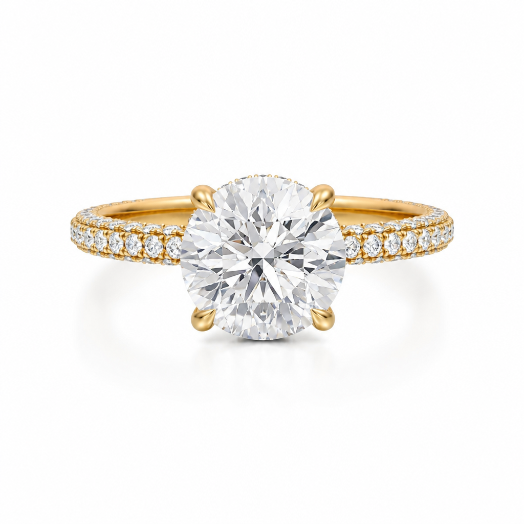 Round Diamond Basket With Three Row Pave Ring