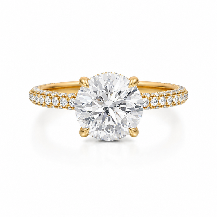 Round Diamond Basket With Three Row Pave Ring