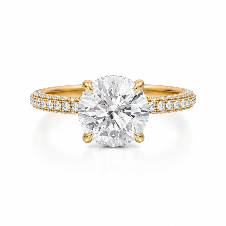 Round Diamond Basket With Three Row Pave Ring