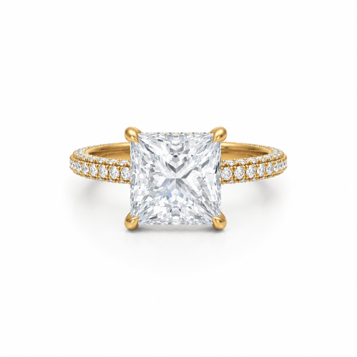 Princess Hidden Halo with Three Row Pave Band