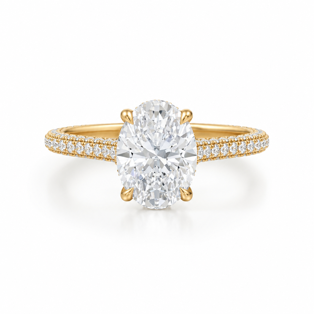 Oval Three Row Pave Cathedral Ring With Diamond Basket