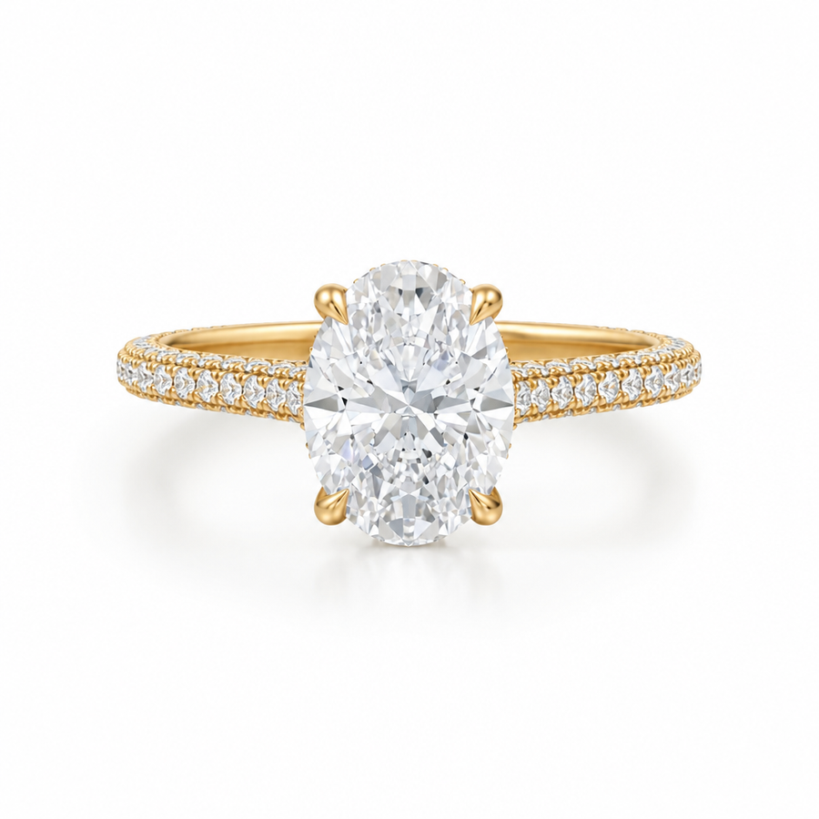 Oval Three Row Pave Cathedral Ring With Diamond Basket