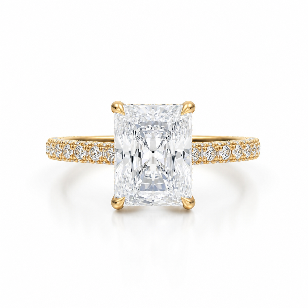 Radiant Three Row Pave Cathedral Ring With Diamond Basket