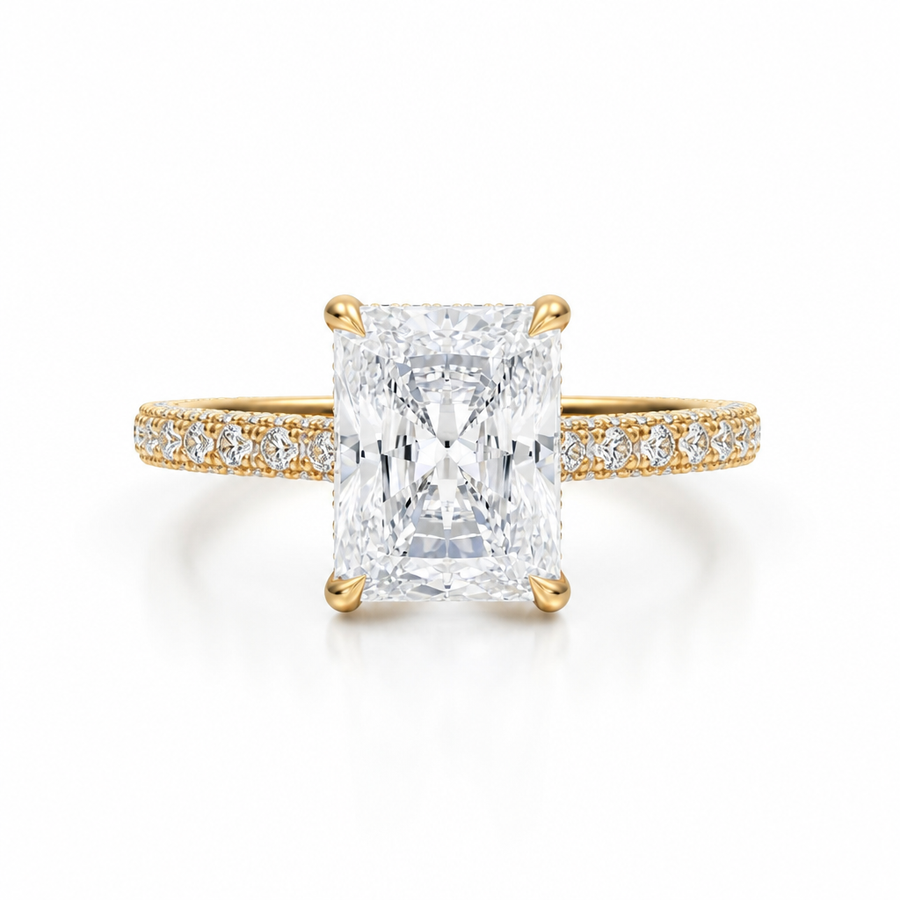 Radiant Three Row Pave Cathedral Ring With Diamond Basket