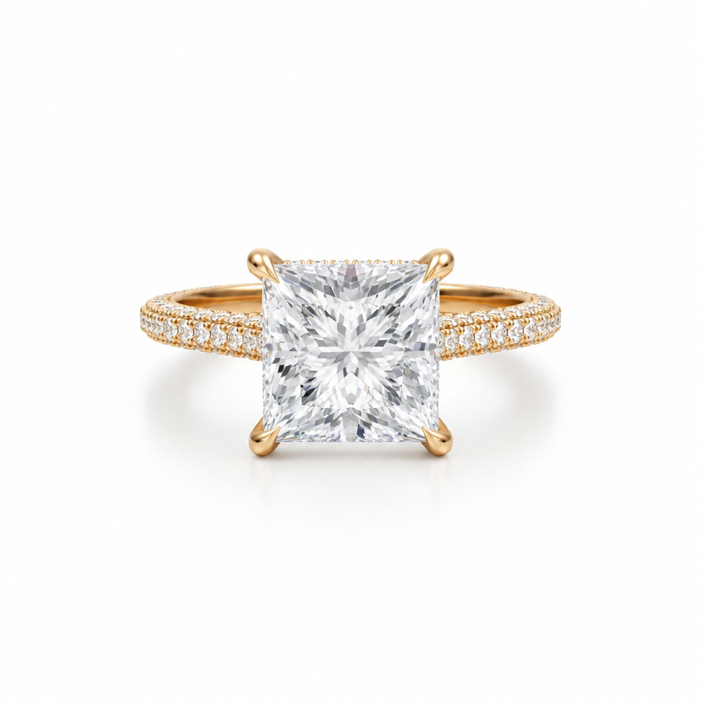 Princess Three Row Pave Cathedral Ring With Diamond Basket