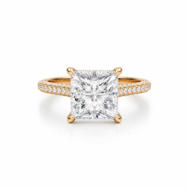 Princess Three Row Pave Cathedral Ring With Diamond Basket