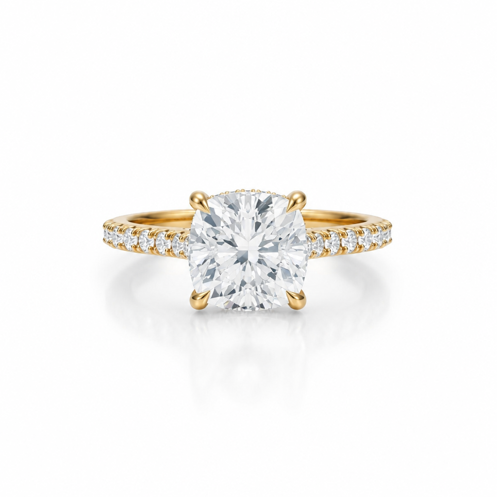 Cushion Pave Cathedral Ring With Diamond Basket