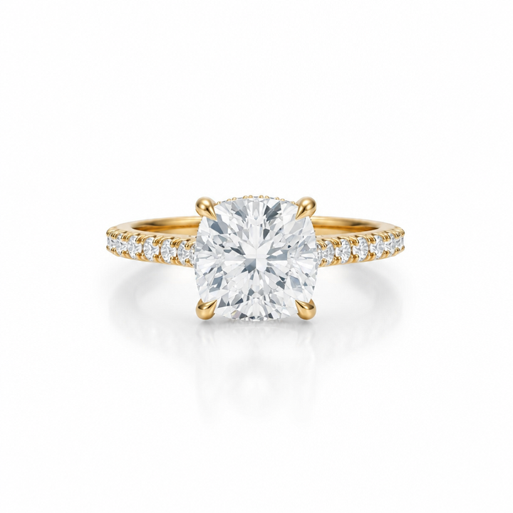 Cushion Pave Cathedral Ring With Diamond Basket