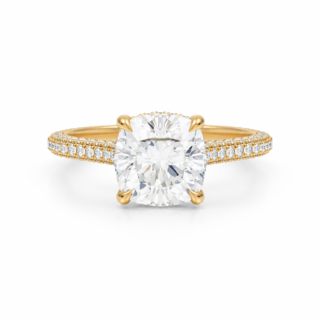 Cushion Three Row Pave Cathedral Ring With Diamond Basket