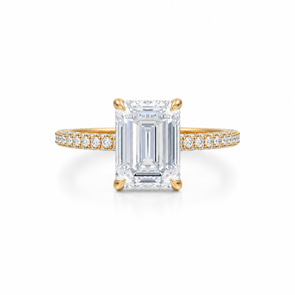 Emerald Diamond Basket With Three Row Pave Ring