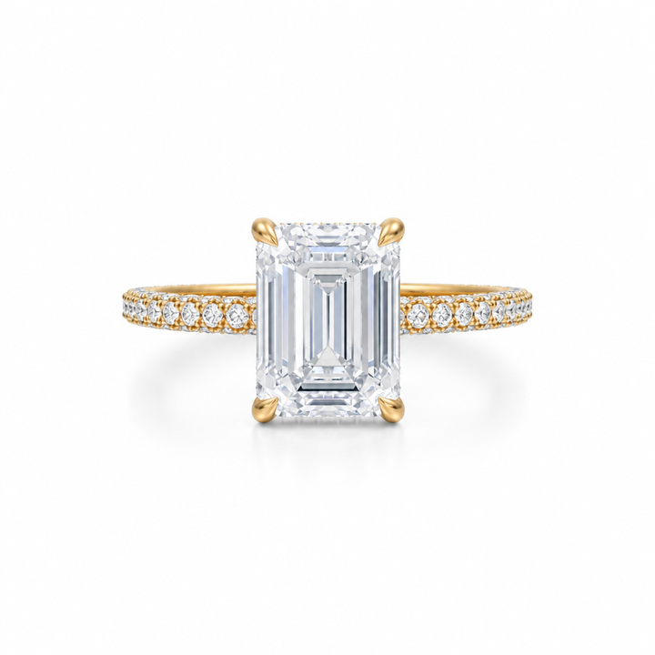 Emerald Diamond Basket With Three Row Pave Ring