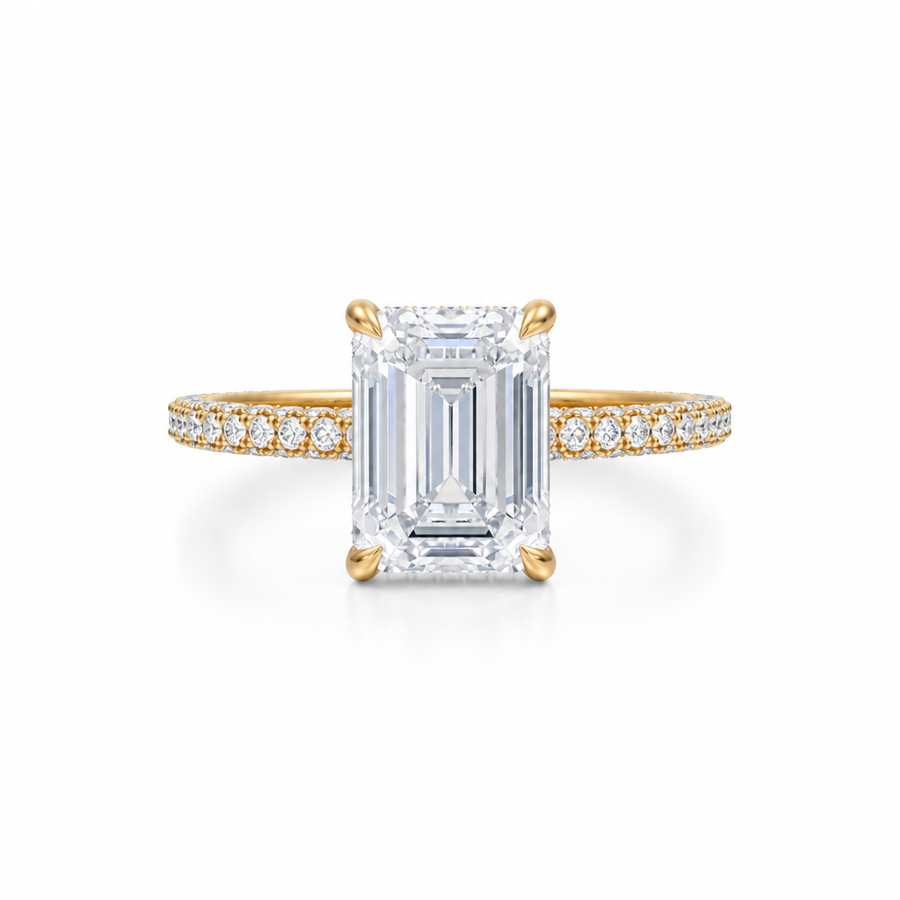 Emerald Diamond Basket With Three Row Pave Ring