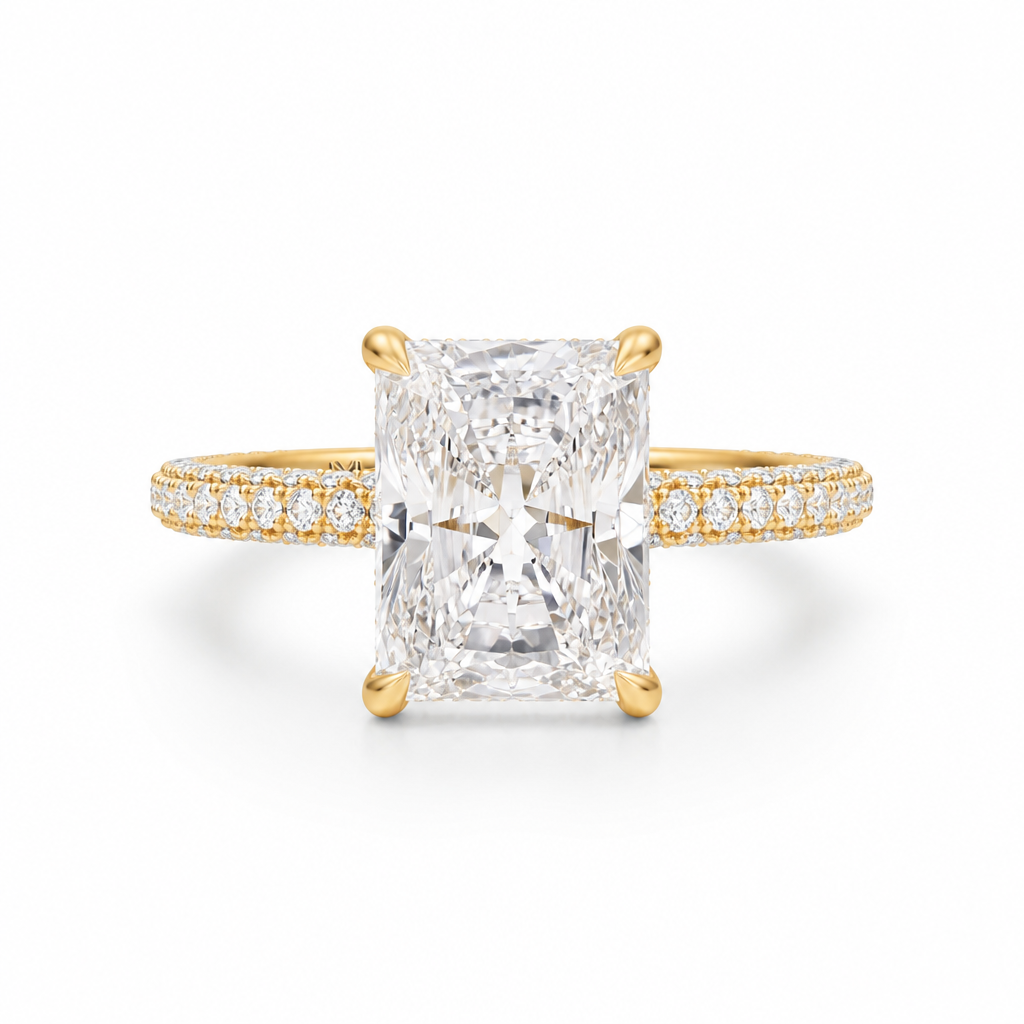 Radiant Diamond Basket With Three Row Pave Ring