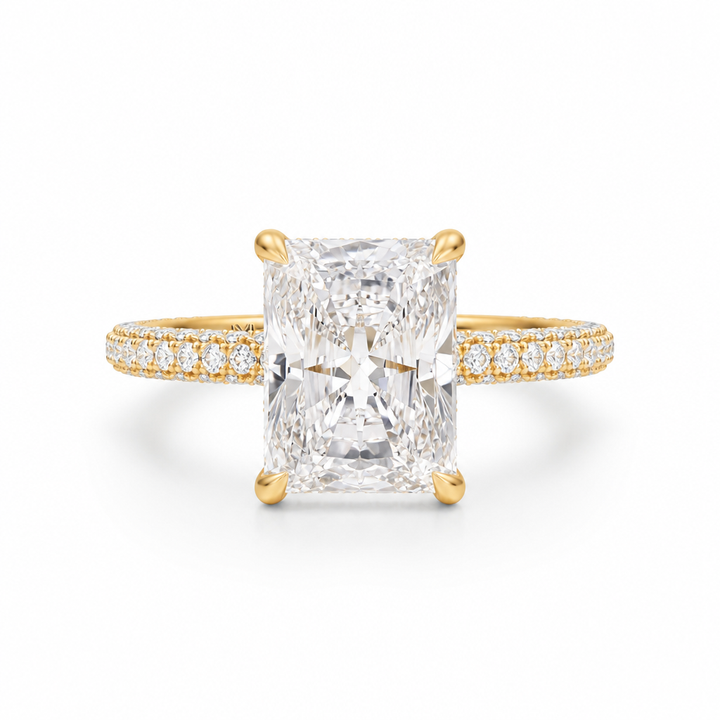 Radiant Diamond Basket With Three Row Pave Ring