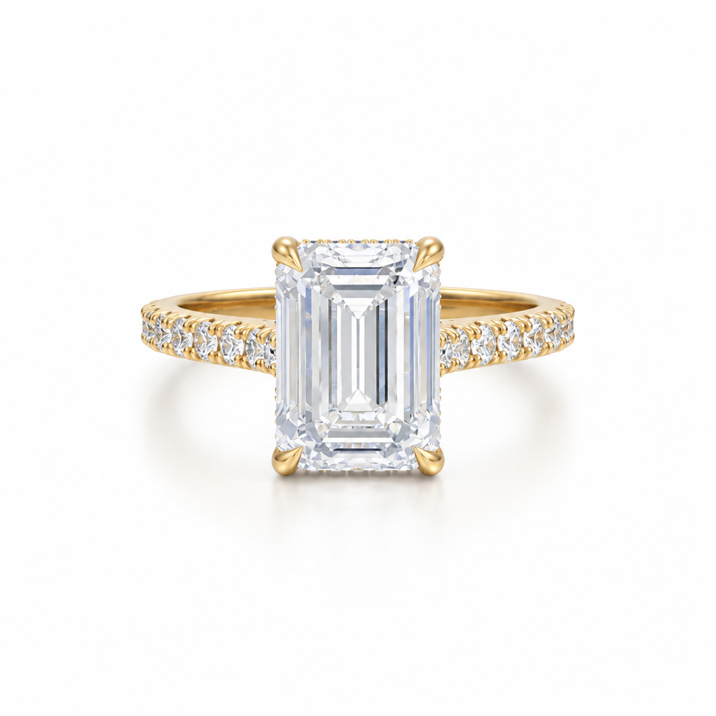 Emerald Pave Cathedral Ring With Diamond Basket