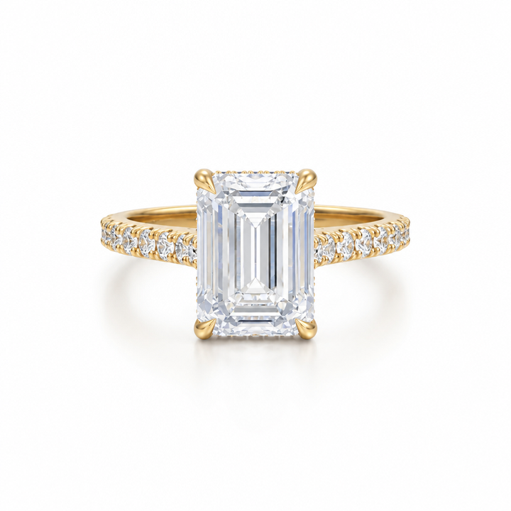 Emerald Pave Cathedral Ring With Diamond Basket