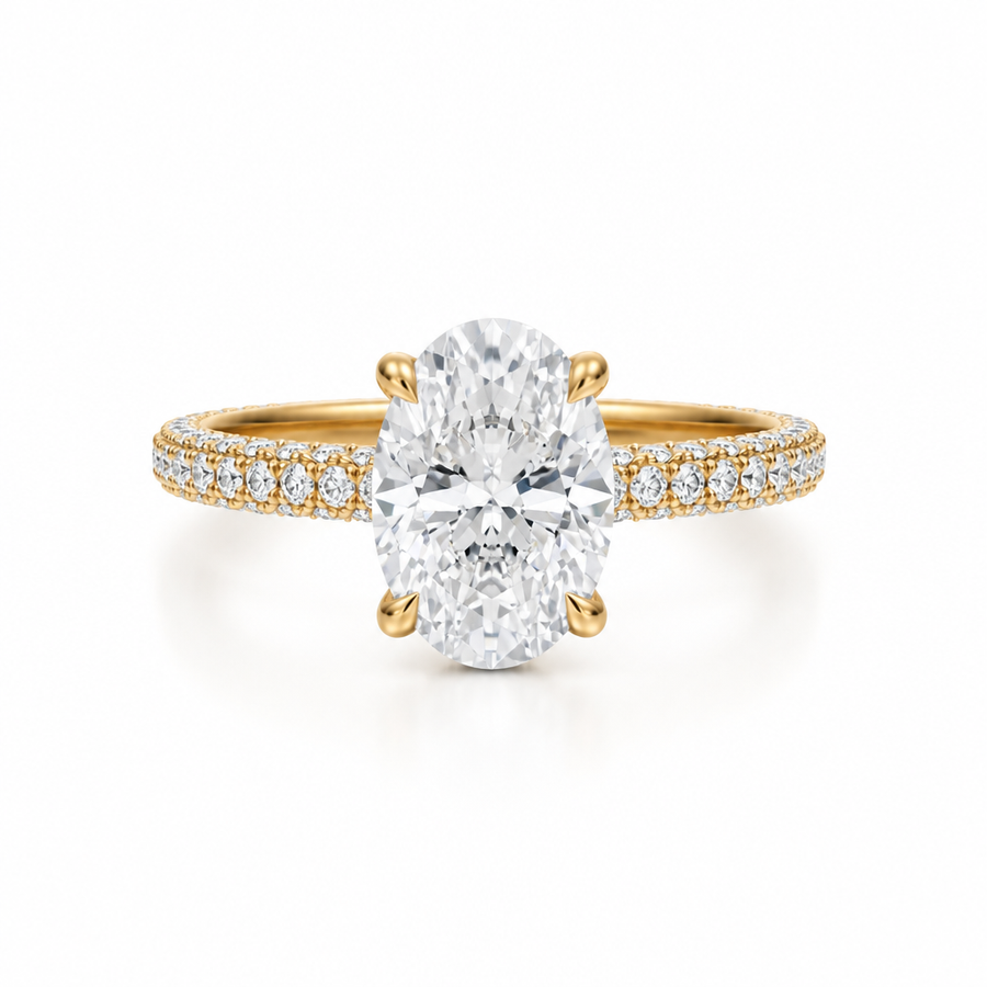 Oval Diamond Basket With Three Row Pave Ring