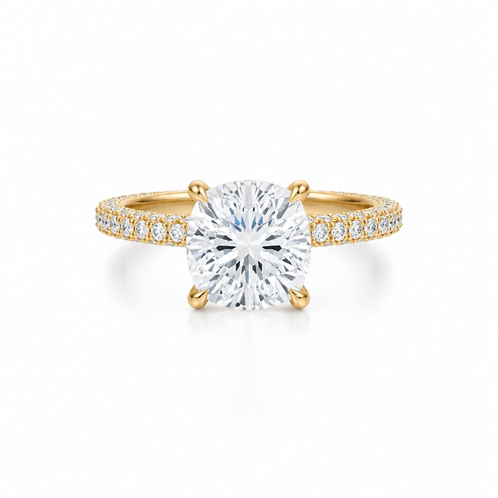 Cushion Three Row Pave Ring With Pave Prongs