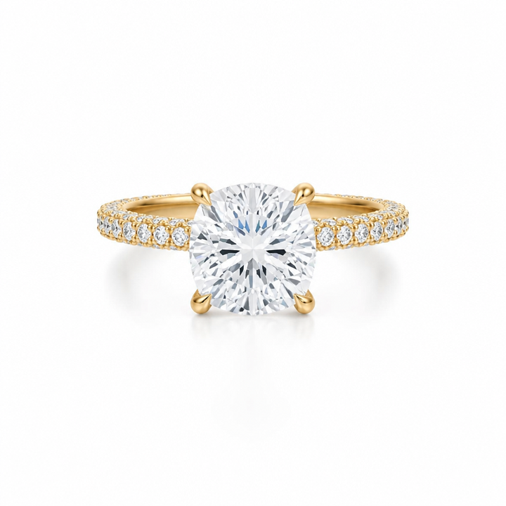 Cushion Three Row Pave Ring With Pave Prongs