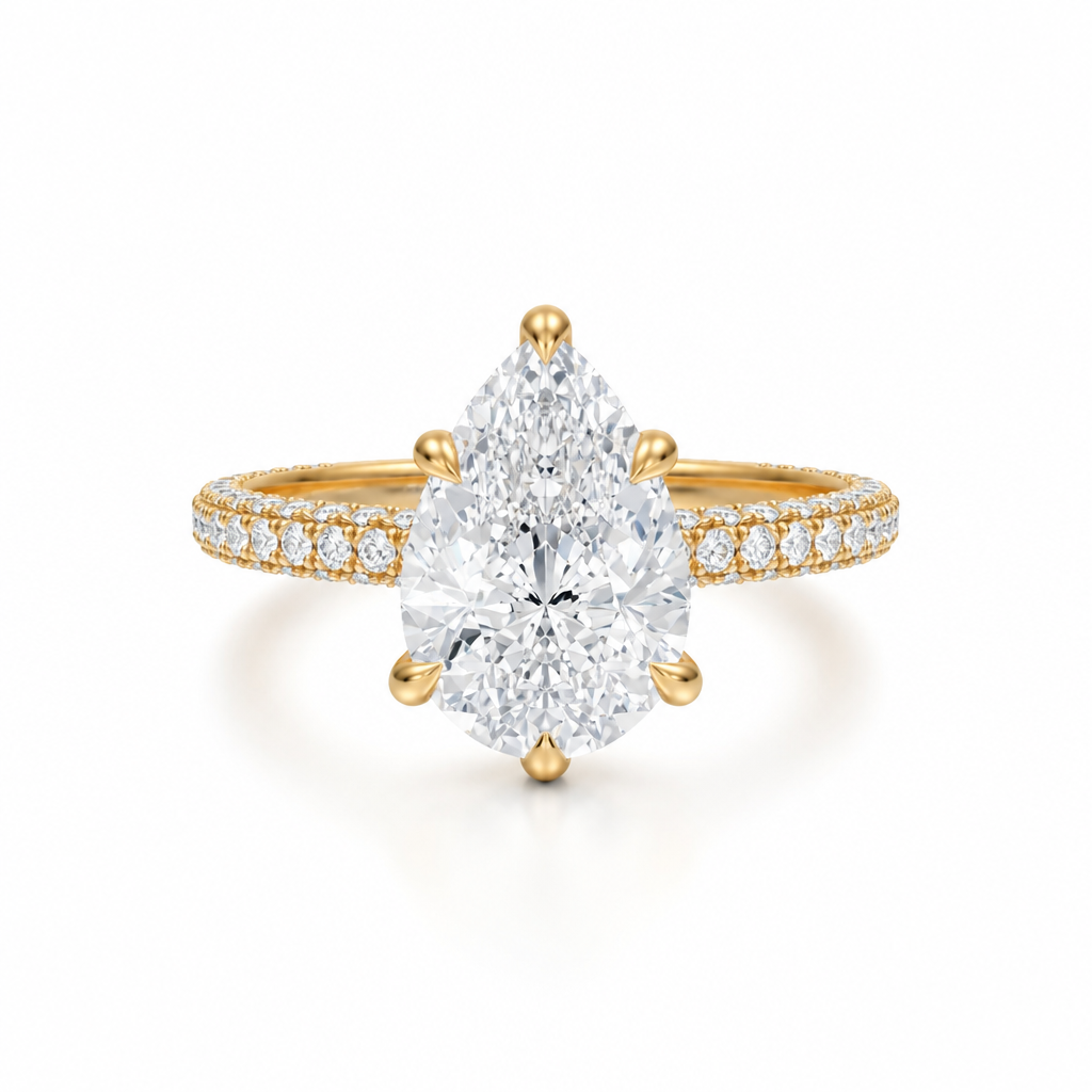 Pear Diamond Basket With Three Row Pave Ring