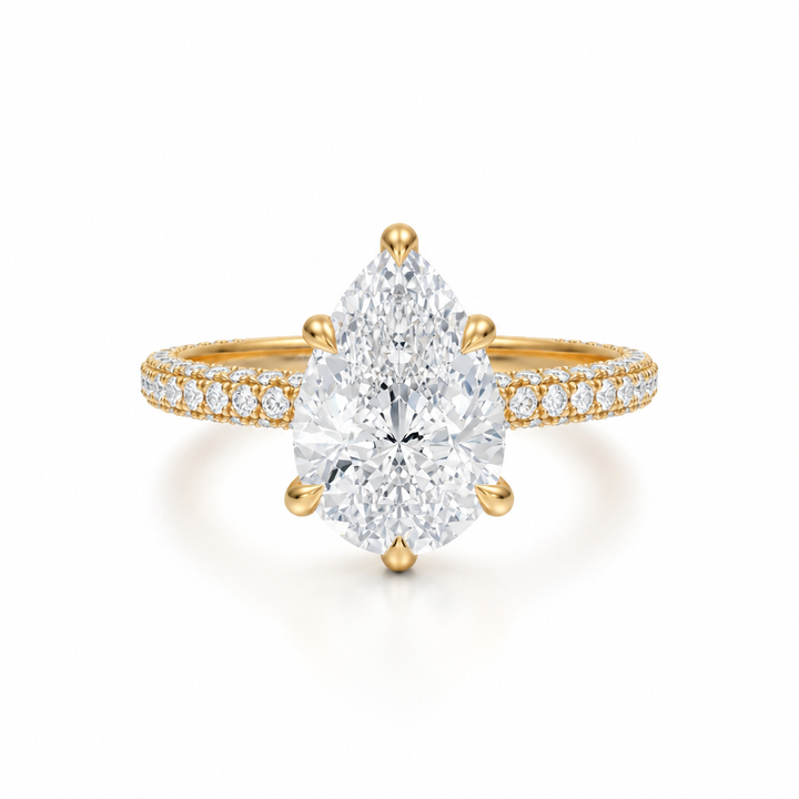 Pear Diamond Basket With Three Row Pave Ring