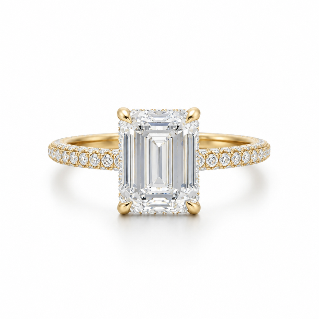 Emerald Hidden Halo with Three Row Pave Band