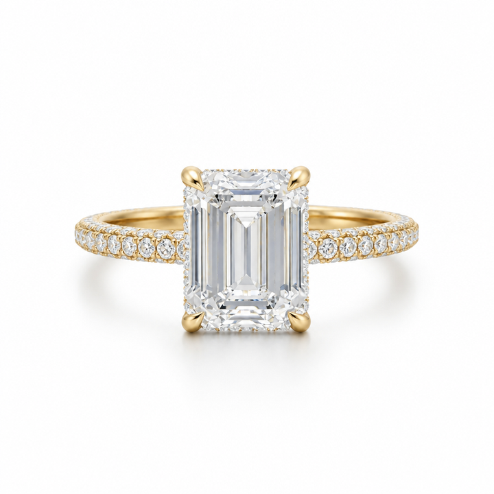 Emerald Hidden Halo with Three Row Pave Band