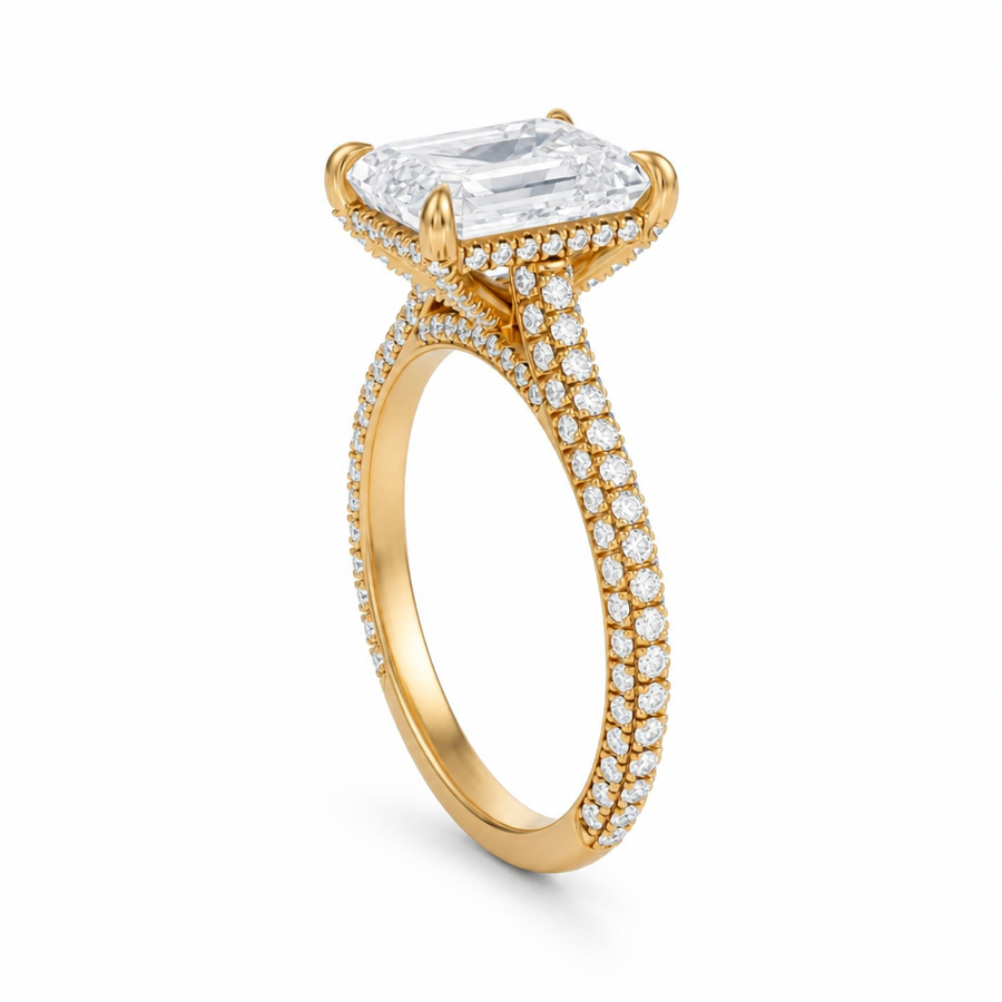 Emerald Three Row Pave Cathedral Ring With Diamond Basket