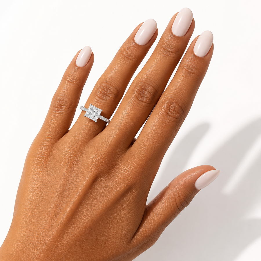 Princess Diamond Basket With Three Row Pave Ring