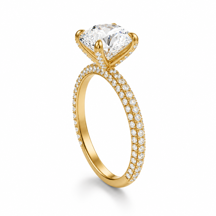 Round Three Row Pave Ring With Pave Prongs