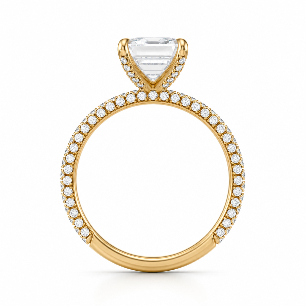 Emerald Three Row Pave Ring With Pave Prongs