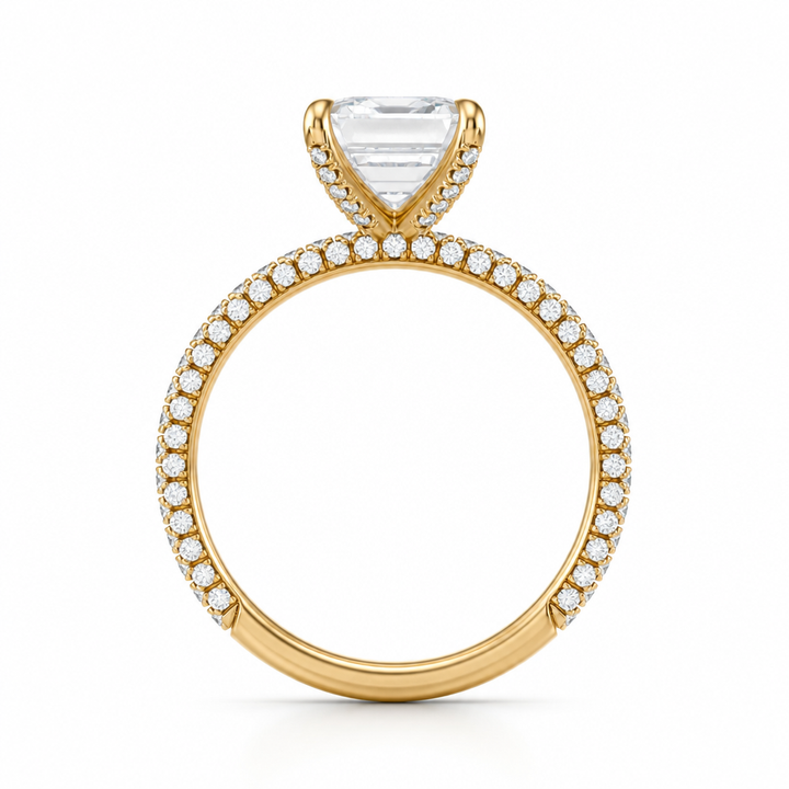 Emerald Three Row Pave Ring With Pave Prongs