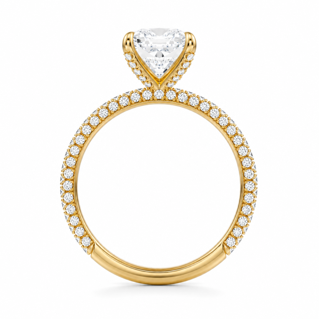 Cushion Three Row Pave Ring With Pave Prongs