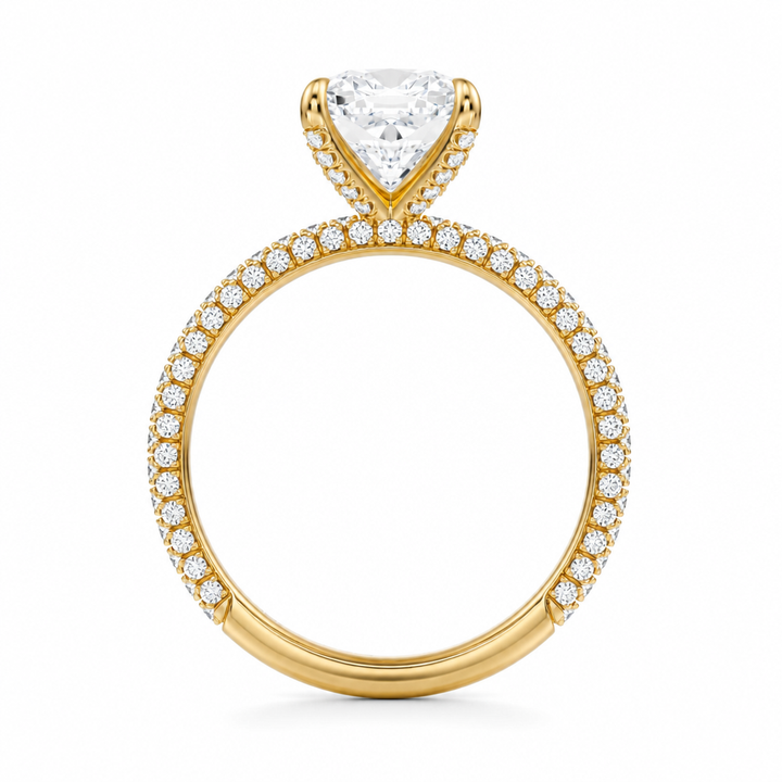 Cushion Three Row Pave Ring With Pave Prongs