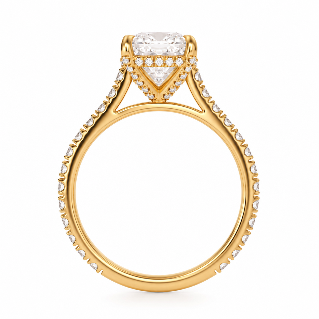 Cushion Pave Cathedral Ring With Diamond Basket