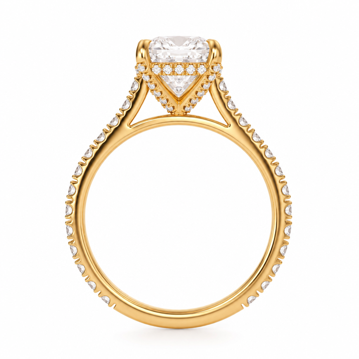 Cushion Pave Cathedral Ring With Diamond Basket
